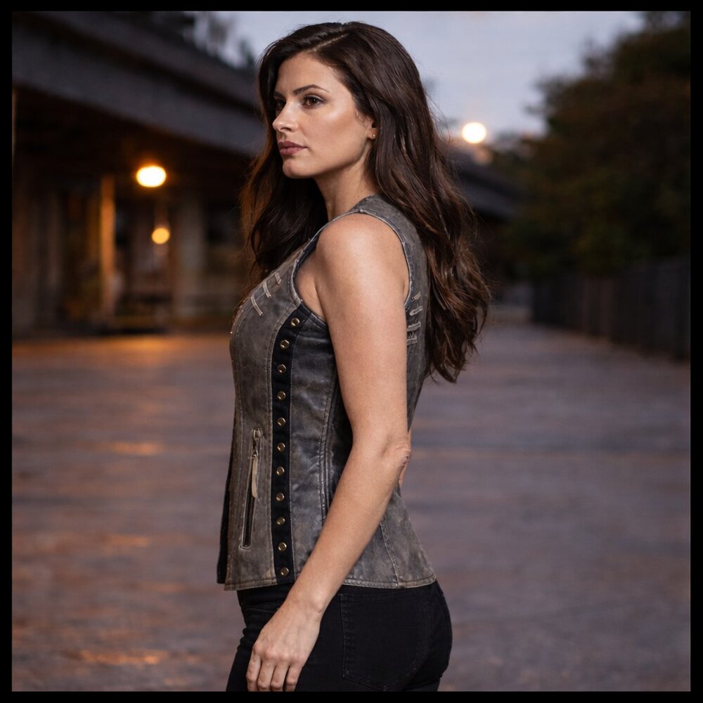 Ladies Lightweight Distressed Gray Leather Vest with Grommeted Twill and Lace - Picture 7 of 12